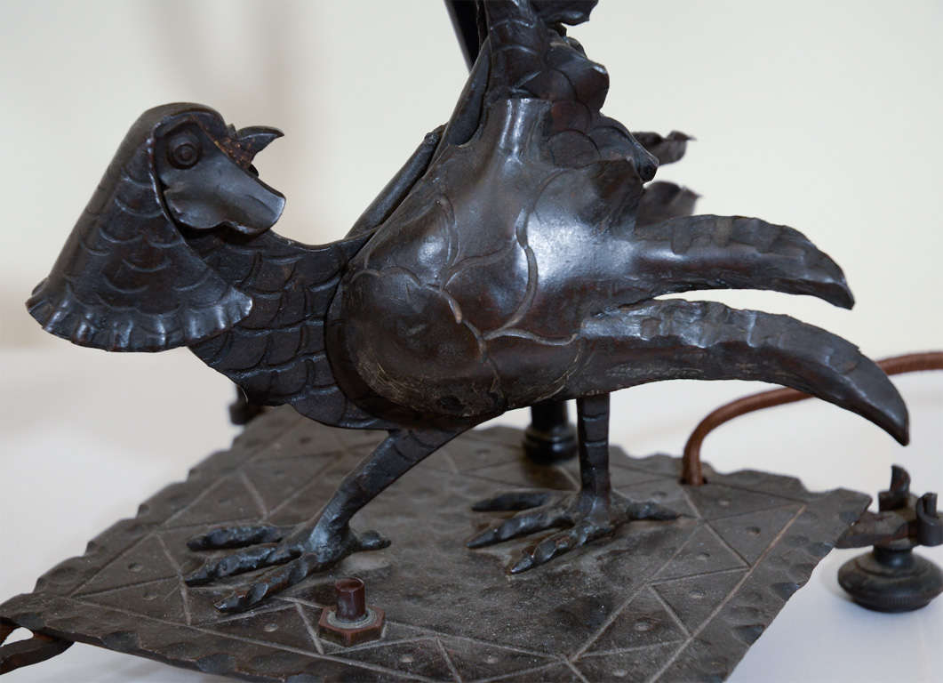 Mid-20th Century Exceptional Edgar Brandt Pair of Art Deco Pheasant Form Table Lamps For Sale