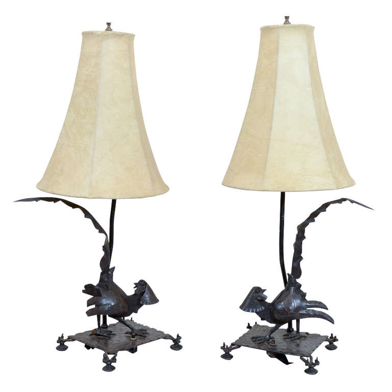Exceptional Edgar Brandt Pair of Art Deco Pheasant Form Table Lamps For Sale
