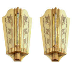 Pair of Art Deco Sconces in Lucite, Brass and Glass