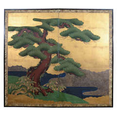 Antique Japanese Edo Period Two-Panel Screen of Tree and Landscape