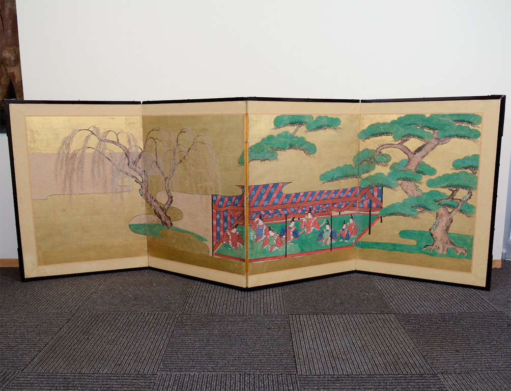 A Japanese folding screen with four panels depicting eight seated samurai in a structure surrounded by trees on a gold background.

10197