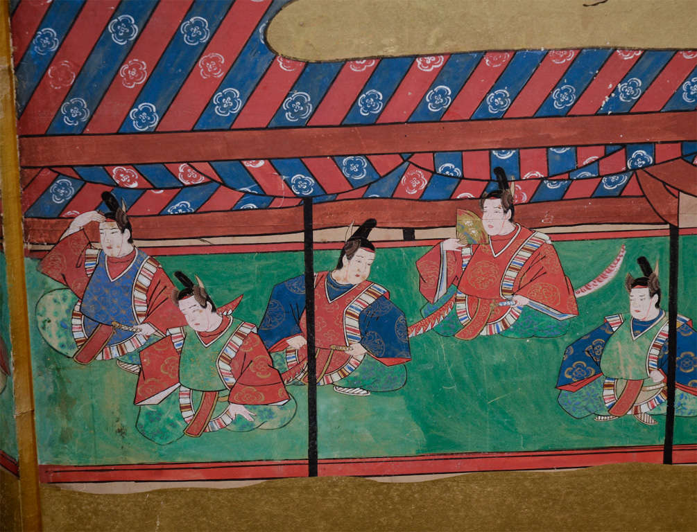 Japanese 4 Panel Folding Screen with Eight Samurai For Sale 1