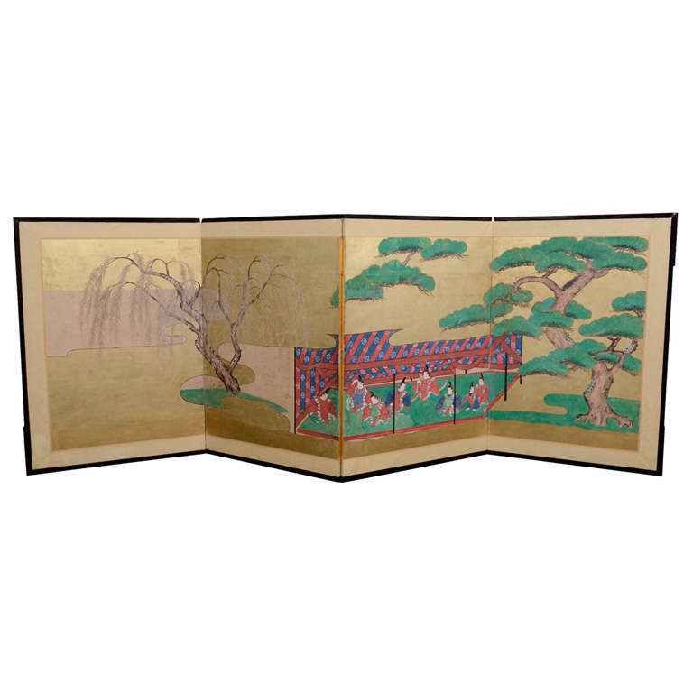 Japanese 4 Panel Folding Screen with Eight Samurai For Sale