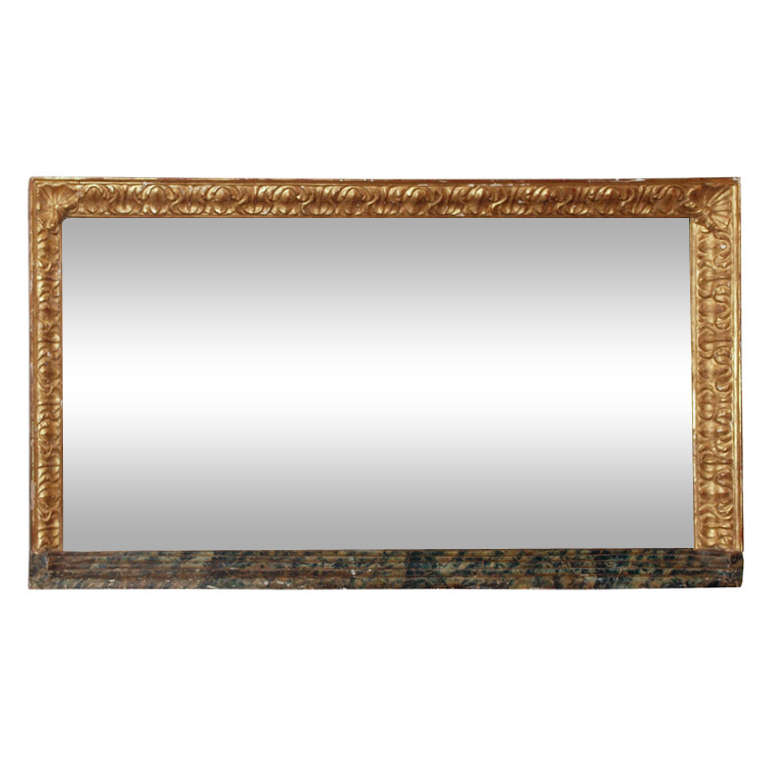Large Horizontal Giltwood and Faux Marble Mirror For Sale