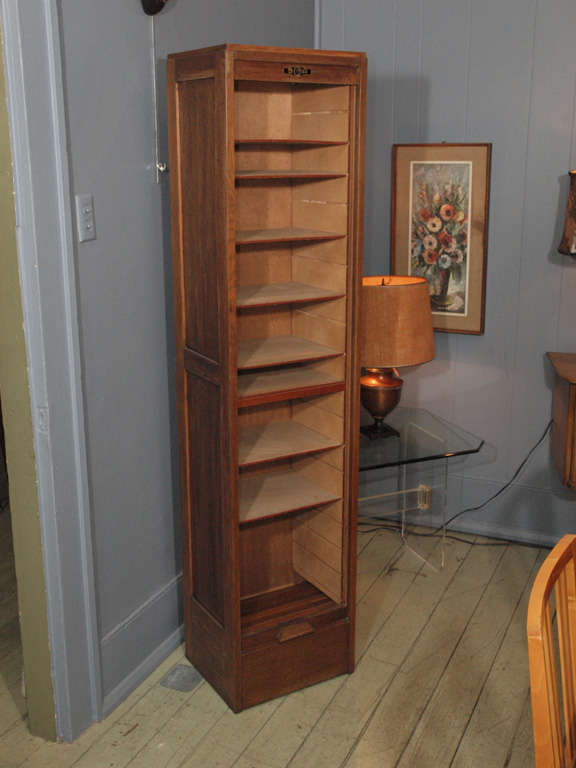 Mid-Century Modern, Tall & Narrow Shelf With Tambour Front, Lock