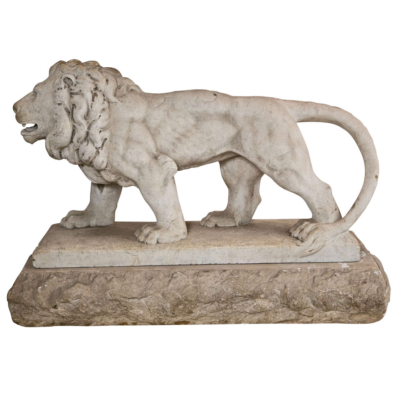 19th C Carved Marble Lion on Marble Plinth