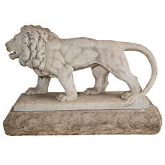 19th C Carved Marble Lion on Marble Plinth