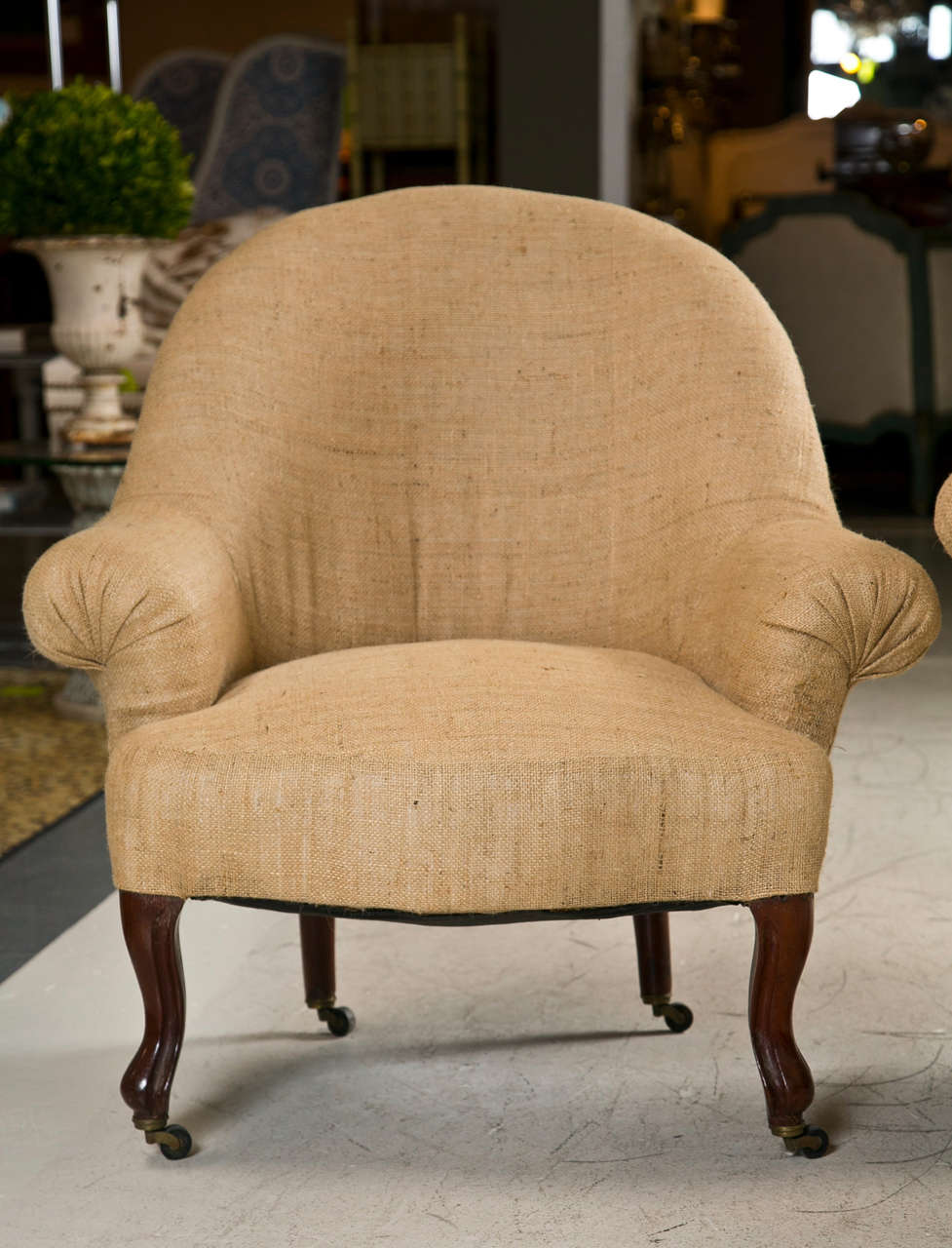 19th C English Slipper Chairs Covered in Burlap 3