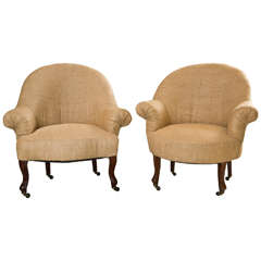 19th C English Slipper Chairs Covered in Burlap