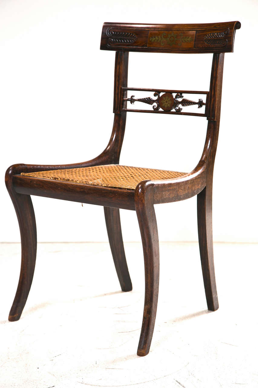 Set of 4 English Regency Rosewood Chairs with Brass Inlay and caned seats