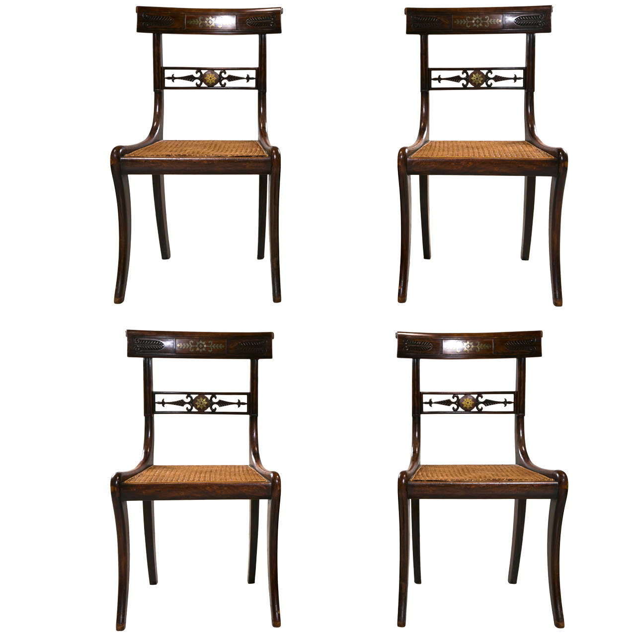 Set of 4 English Regency Rosewood Chairs with Brass Inlay