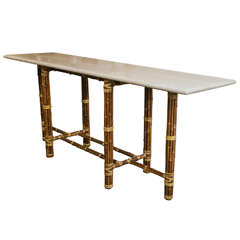 Pair McGuire Bamboo and Travertine Stone Consoles