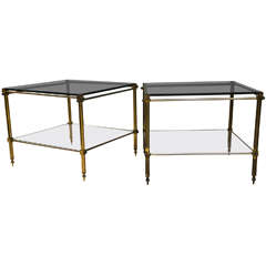 Pair of 1940
s French Two-Tier Brass End Tables with Black Glass