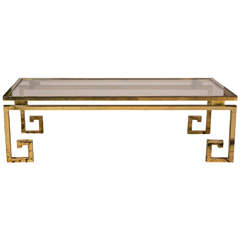 1970
s French Brass Coffee Table with Stylized Greek Key Motif Legs