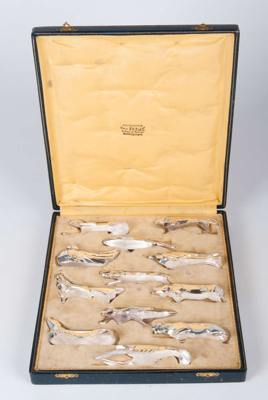 French Boxed Set of 12 Art Deco Silver Plated Animal Knife Rests ca. 1930 For Sale