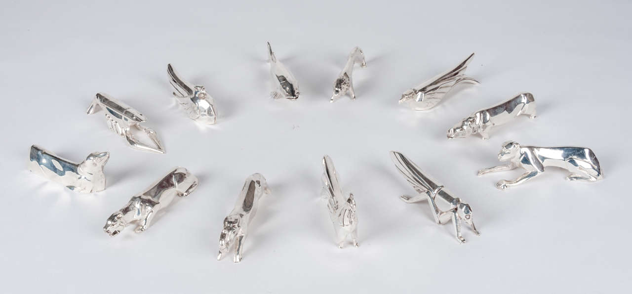 Mid-20th Century Boxed Set of 12 Art Deco Silver Plated Animal Knife Rests ca. 1930 For Sale