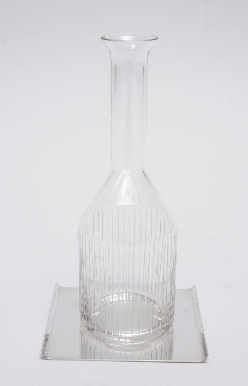 Etched Crystal Decanter with Silver Plate Tray & Stopper by Lino Sabattini 2