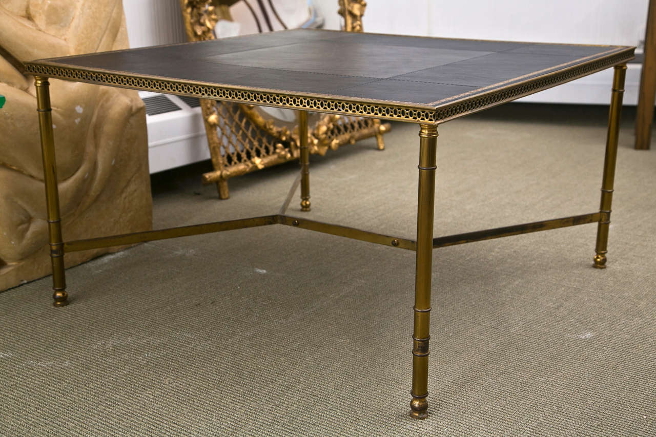 Square bronze bamboo Jansen coffee table with a segmented Greek key leather top