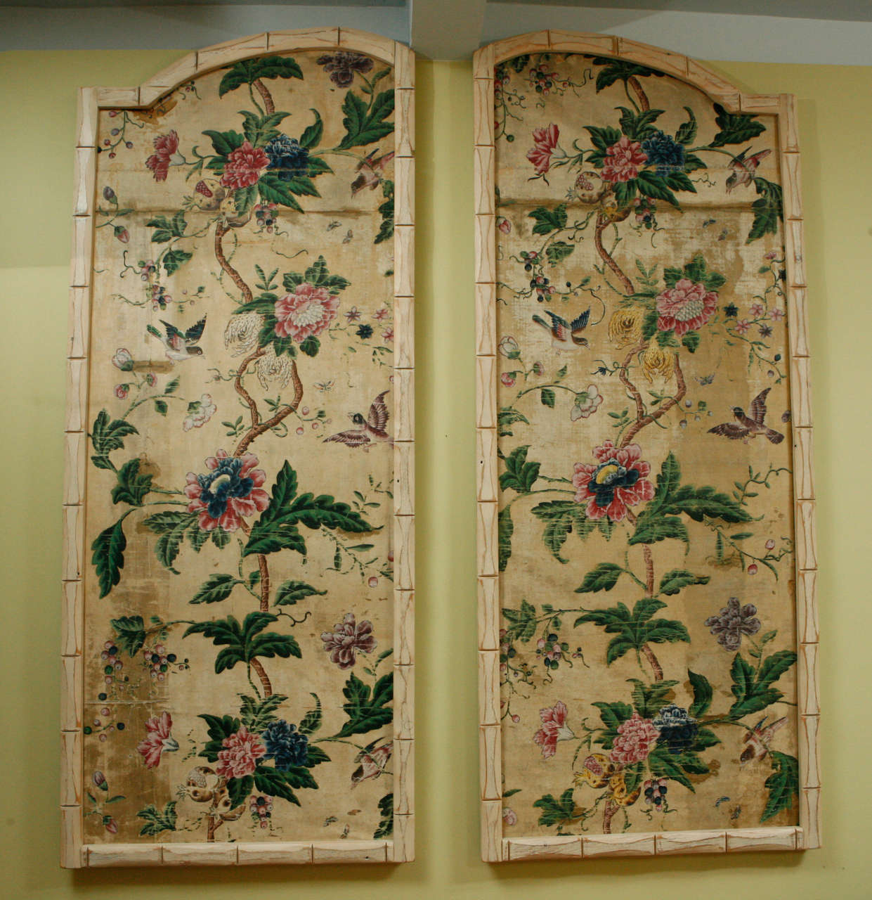 A Pair of 18th c. Chinese Silk Panels in Custom Faux Bamboo Frames.  Provenance: antique dealer-tastemaker (and mentor to some of today's leading interior designer) Gep Durenberger.
