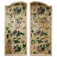 A Pair of 18th c. Chinese Silk Panels in Faux Bamboo Frames.