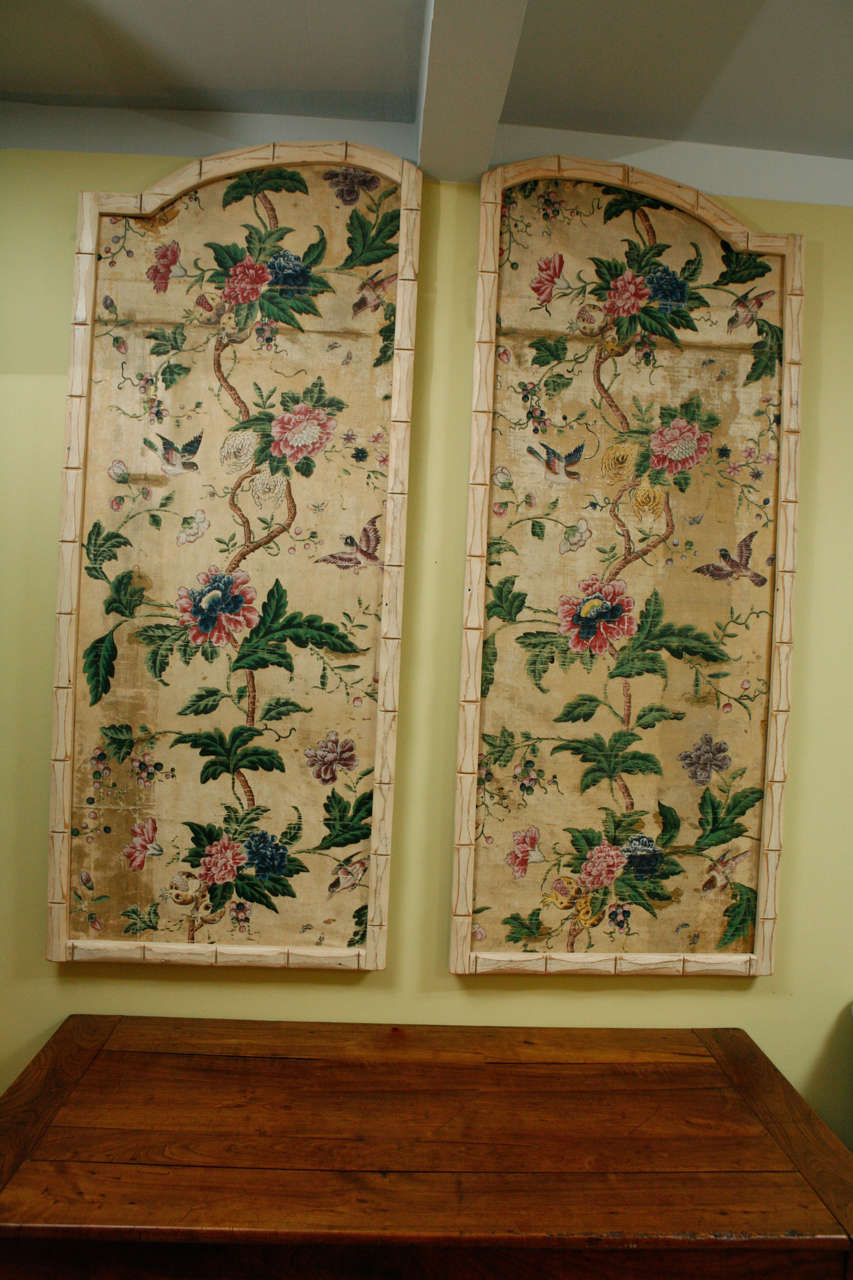 Chinoiserie A Pair of 18th c. Chinese Silk Panels in Faux Bamboo Frames.