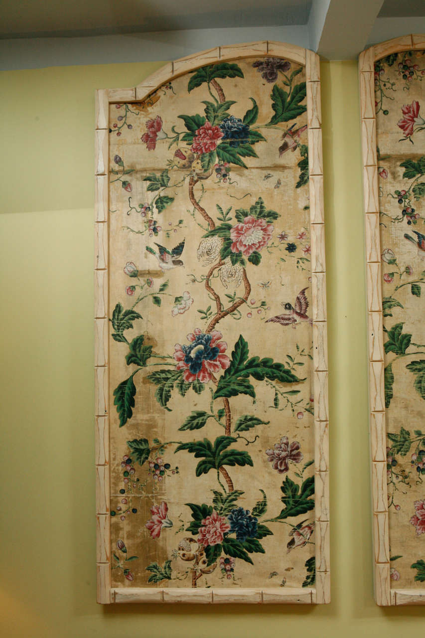 A Pair of 18th c. Chinese Silk Panels in Faux Bamboo Frames. In Excellent Condition In Los Angeles, CA