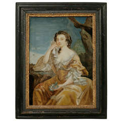 Antique Charming Large 18th Century Reverse Glass Painting of a Seated Lady