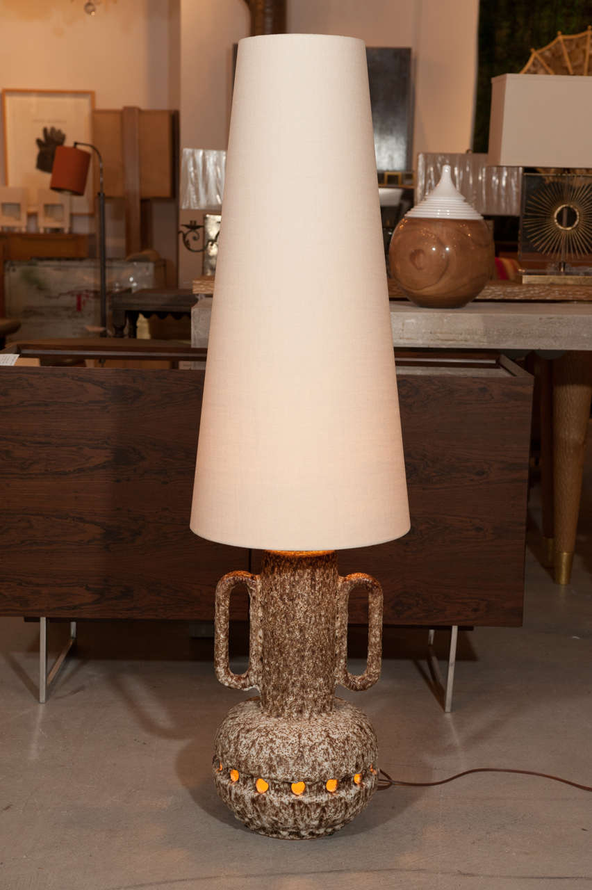 20th century Belgian pottery table lamp circa 1970 with over scaled new shade and three point illumination : shade/base or shade and base!