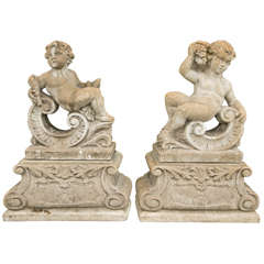 Pair Cast Stone  Putti  on Bases