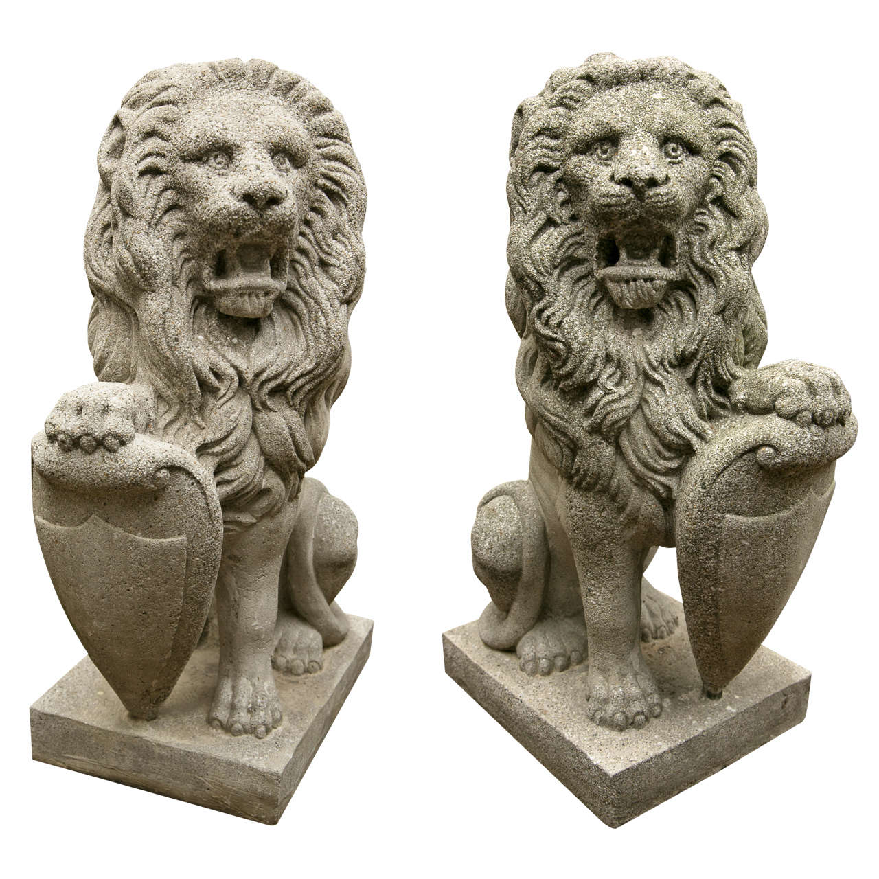 Pair  Seated  Cast Concrete Lions with Shields For Sale