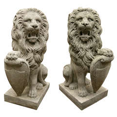Pair Seated Cast Concrete Lions with Shields 6