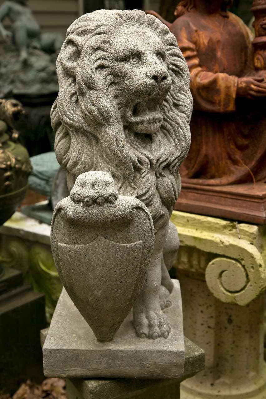 Pair Seated Cast Concrete Lions with Shields For Sale at 1stDibs concrete lion statues