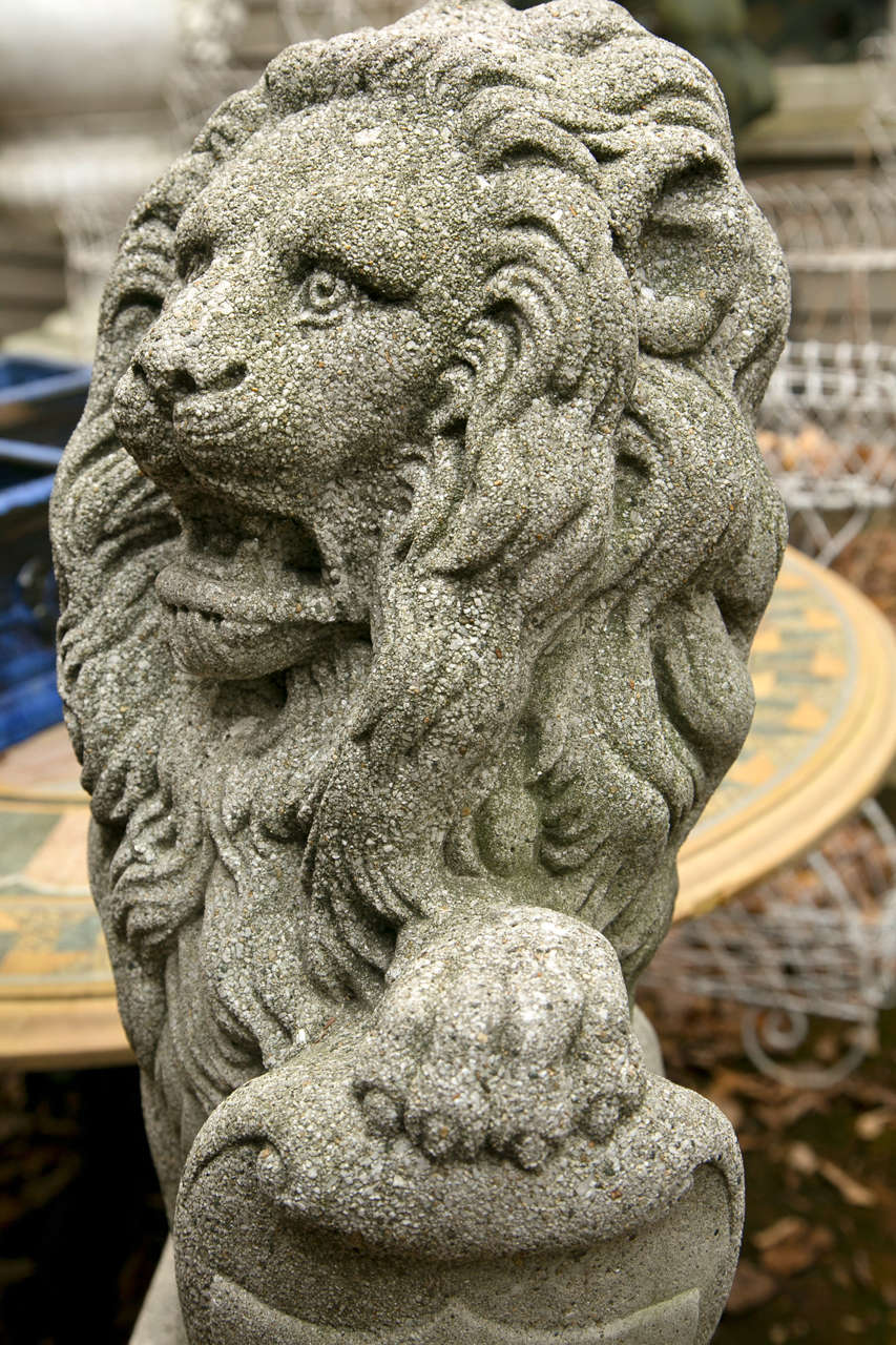 Pair Seated Cast Concrete Lions with Shields For Sale at 1stDibs