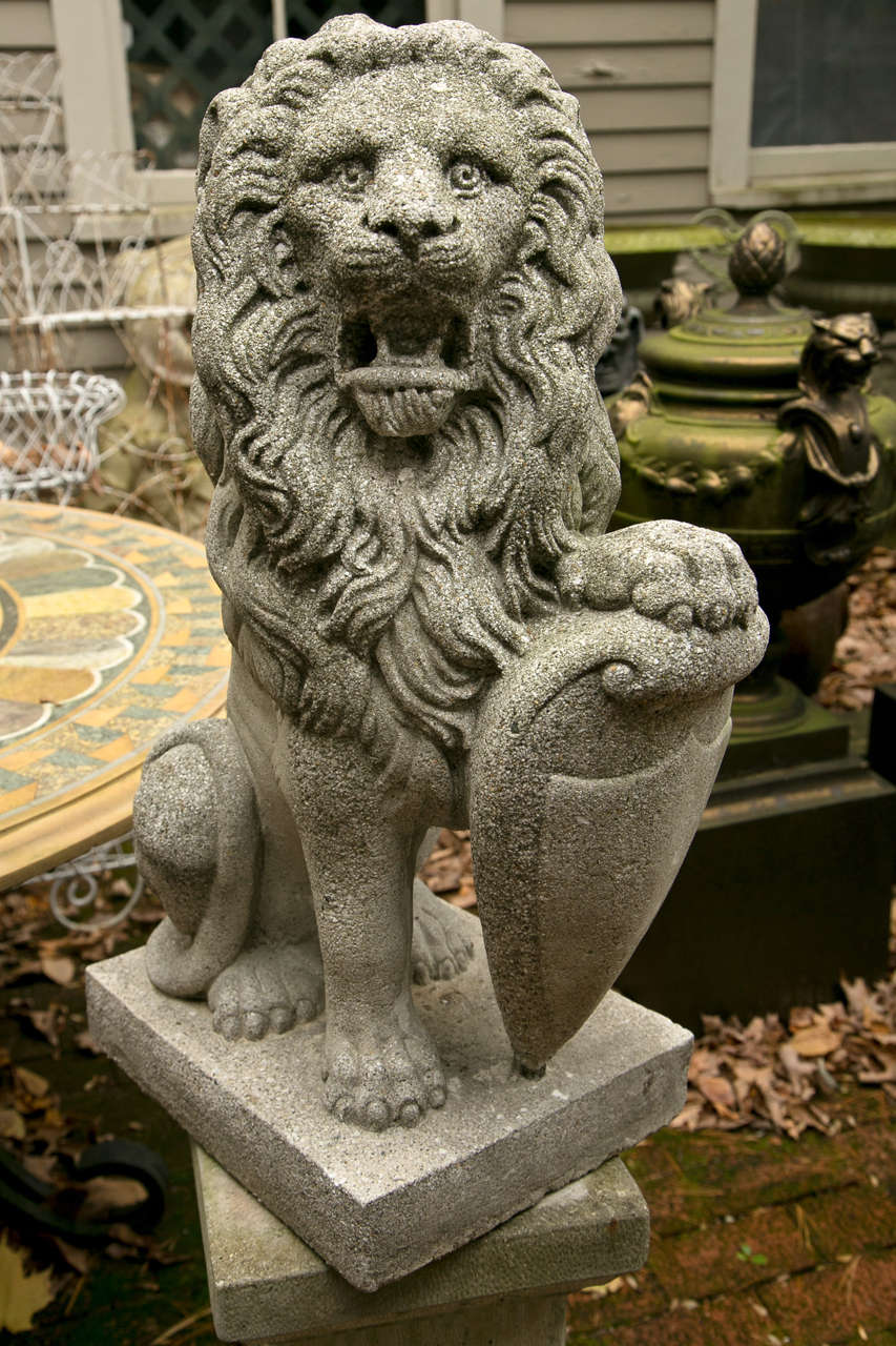 Pair Seated Cast Concrete Lions with Shields For Sale at 1stDibs concrete lion statues