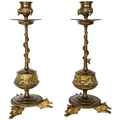 Antique Pair of 19th c. Bronze "Animals" candlesticks