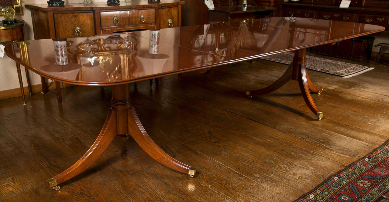 A classic English dining table if ever there was one, this non-banded mahogany double pedestal table has the proportions and appearance that can work in just about any dining room. On cannon-turned columns with three splay legs each that end in
