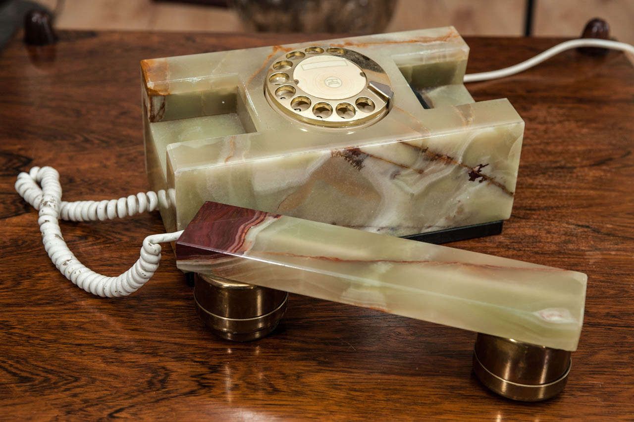 Mid century green onyx telephone set manufactured by Telart elettronica Viareggio. Italy.