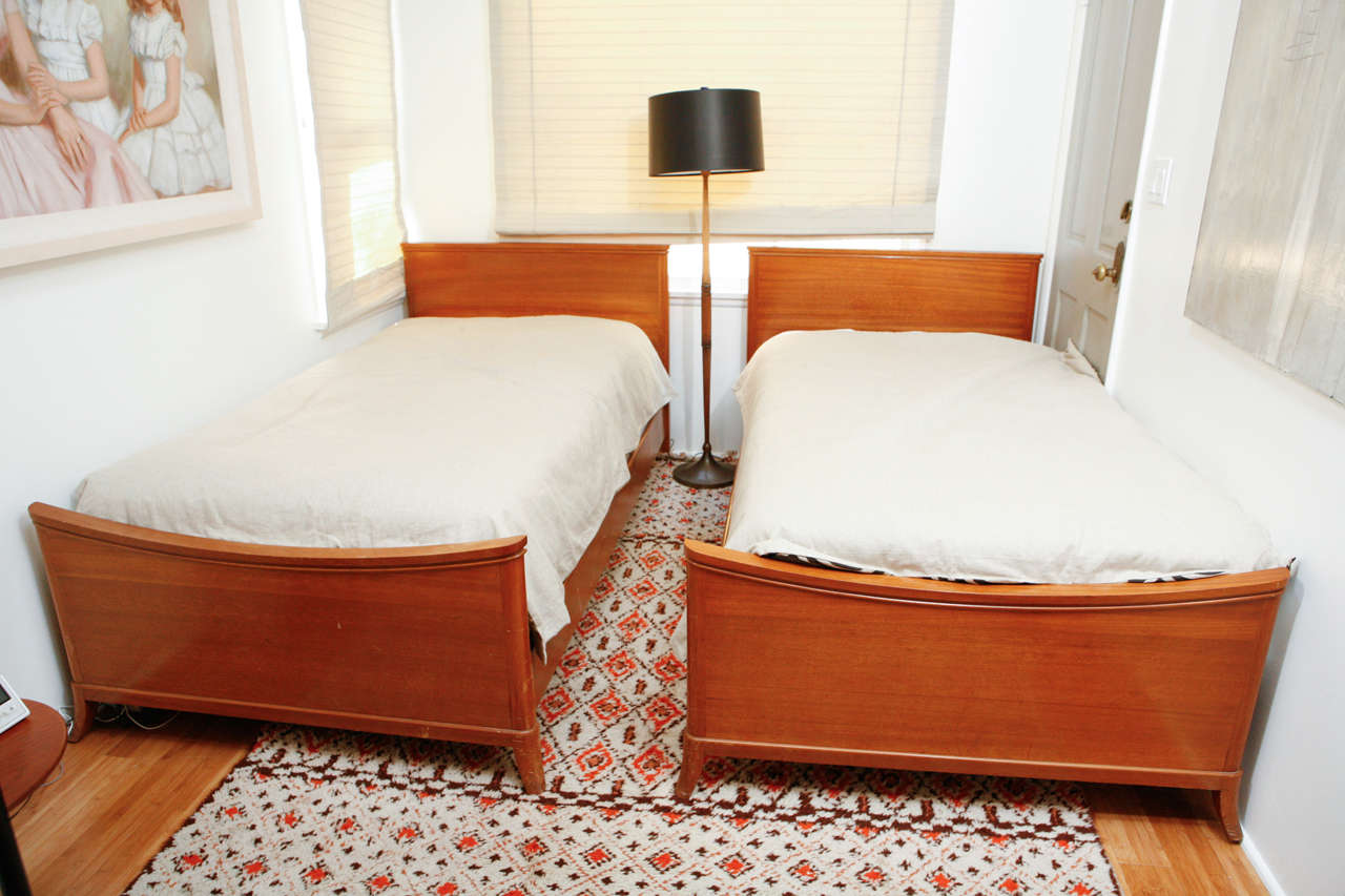 A gorgeous pair of twin beds by Brown Saltman with Classic Art Deco lines and details is a charming set for a guest bedroom or child's bedroom (includes mattresses and box springs).