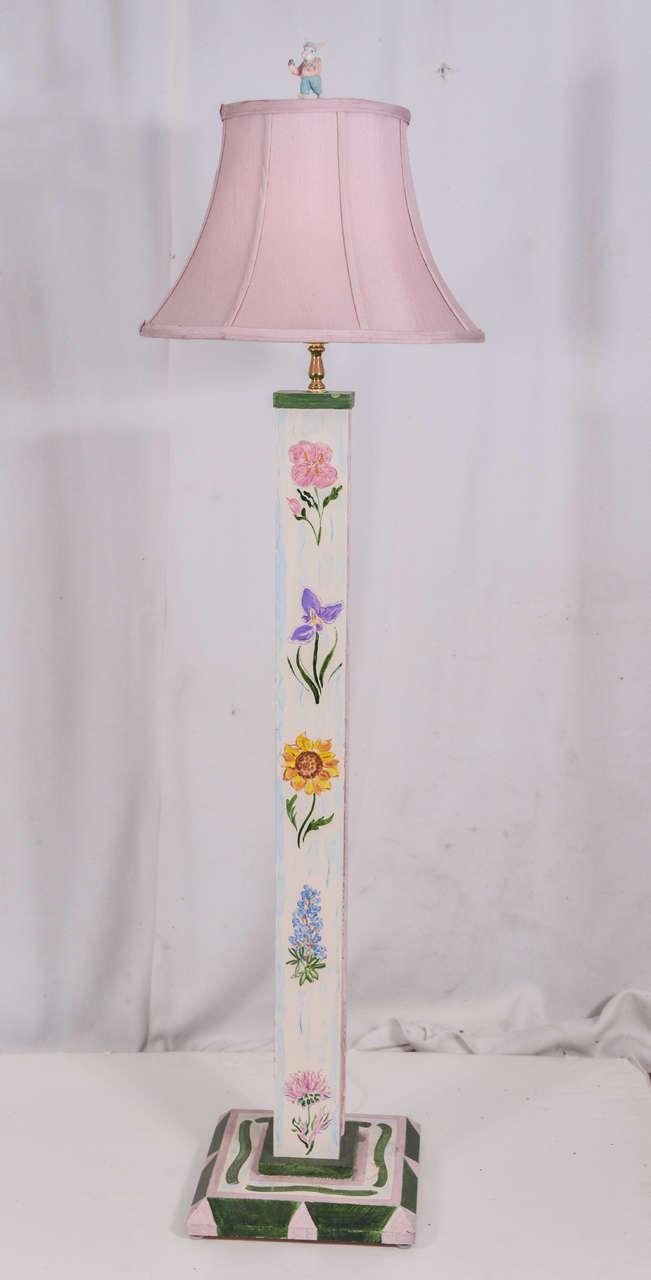 Lovely Hand Painted Floor lamp, signed by artist "Anne Vaughn".  Each side has a different design. Shown with 14" Pink Lamp shade and a "Rabbit" finial. Beautiful and sturdy for a Child's room or Garden Room.  Priced without