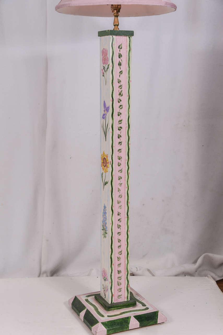Late 20th Century Hand-Painted Wooden Floor Lamp by Artist Anne Vaughn For Sale