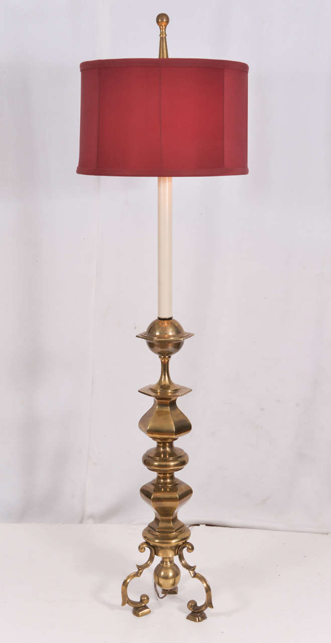 Miniature Asian floor lamp, two-light cluster, tripod base, custom-made from vintage Asian candlestick. Priced without shade. Shade shown is 14" diameter stretched Linen for $125.00. Base of the lamp has a 9" spread. Body is 4"