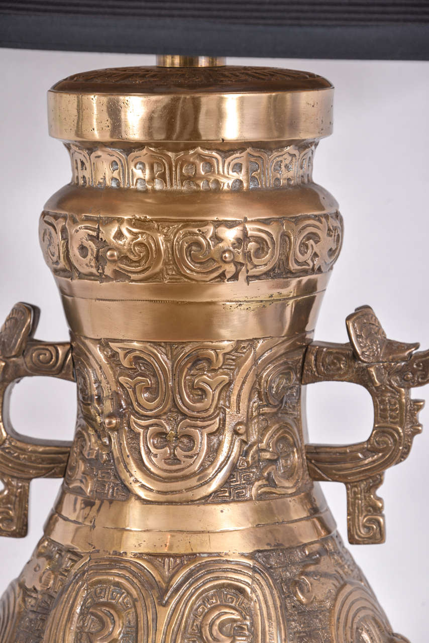 Cast Pair of Bronze Asian Temple Jars as Lamps