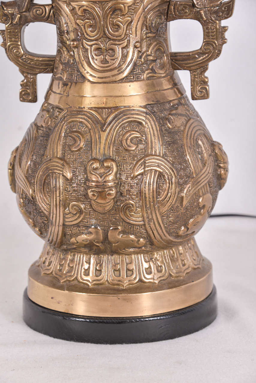Pair of Bronze Asian Temple Jars as Lamps In Excellent Condition In Austin, TX