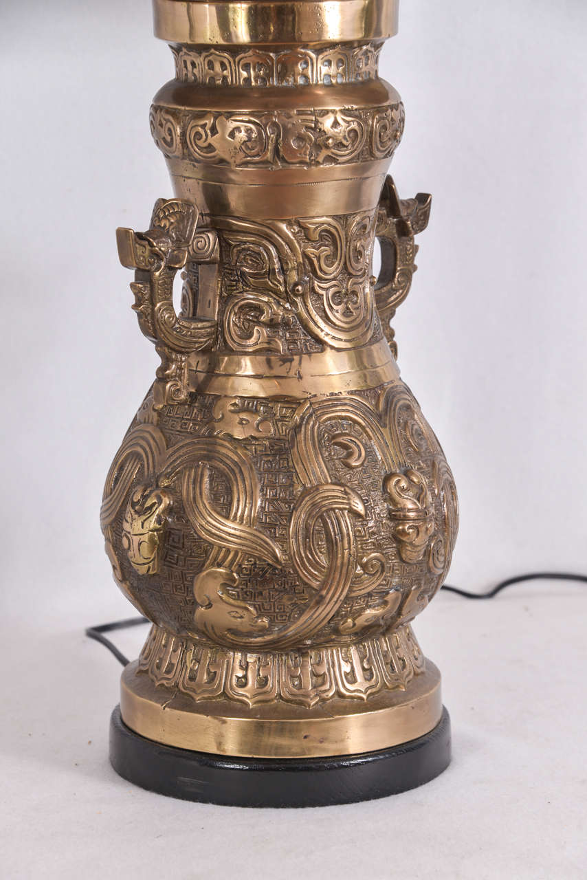 Mid-20th Century Pair of Bronze Asian Temple Jars as Lamps