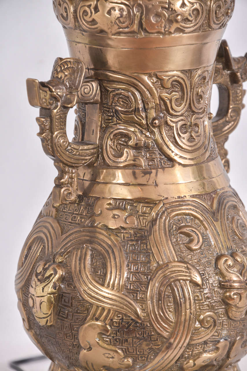 Pair of Bronze Asian Temple Jars as Lamps 1