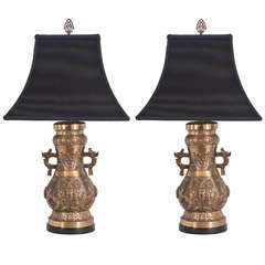 Pair of Bronze Asian Temple Jars as Lamps