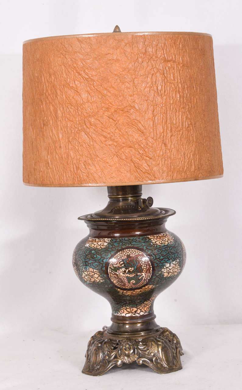 Asian, restored and electrified, cloisonné oil lamp, shown with 14