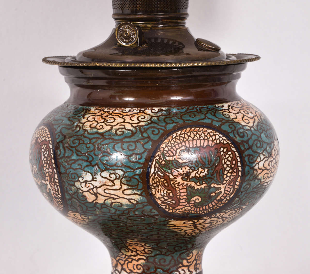 Restored Asian Cloisonné, Electrified Oil Lamp In Excellent Condition For Sale In Austin, TX