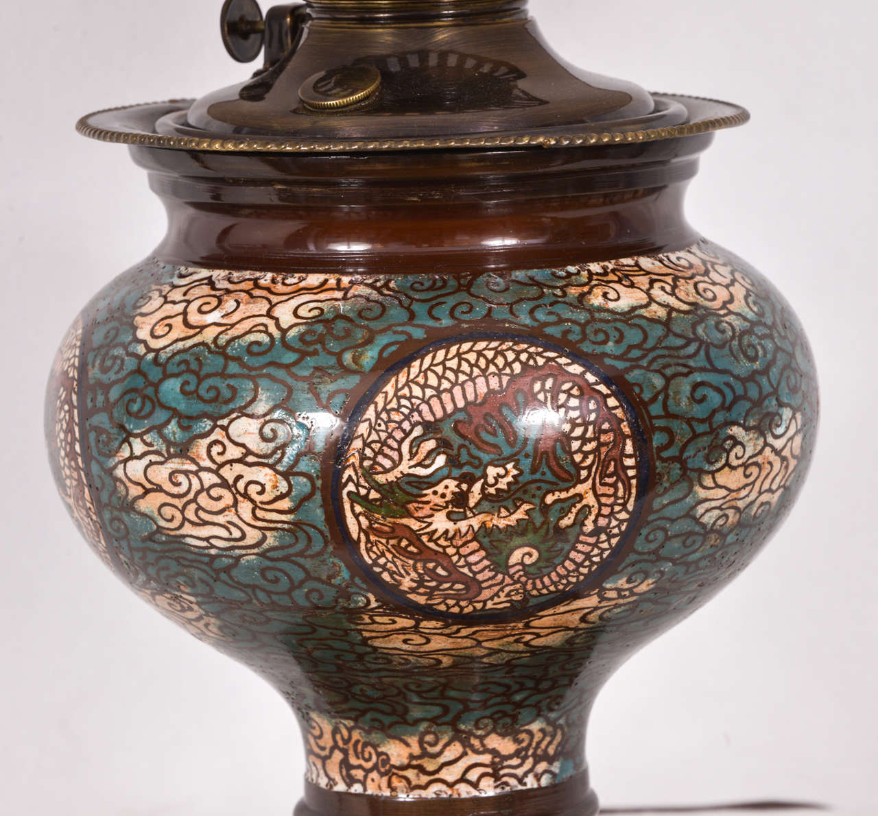 Late 19th Century Restored Asian Cloisonné, Electrified Oil Lamp For Sale
