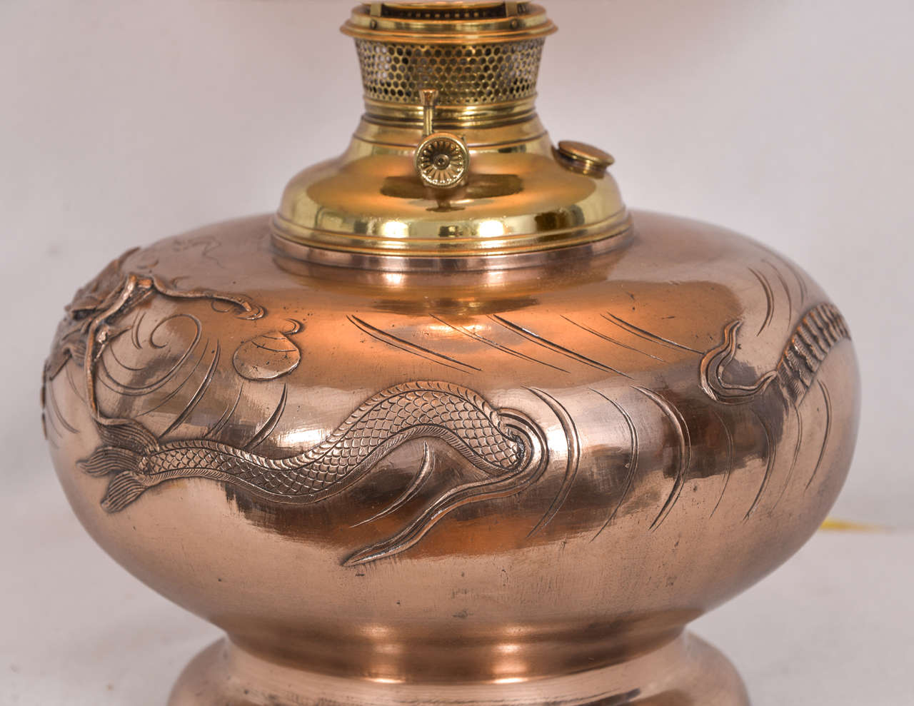Early 20th Century Cast Copper, Asian Design Converted Oil Lamp For Sale